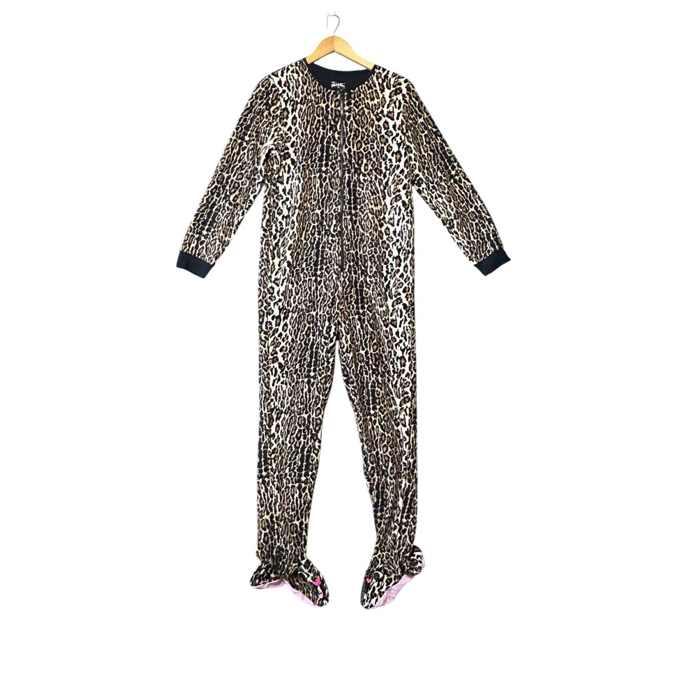 Nick & Nora Leopard Print Footed Pajamas Size S Full Zip One Piece PJ Pajama